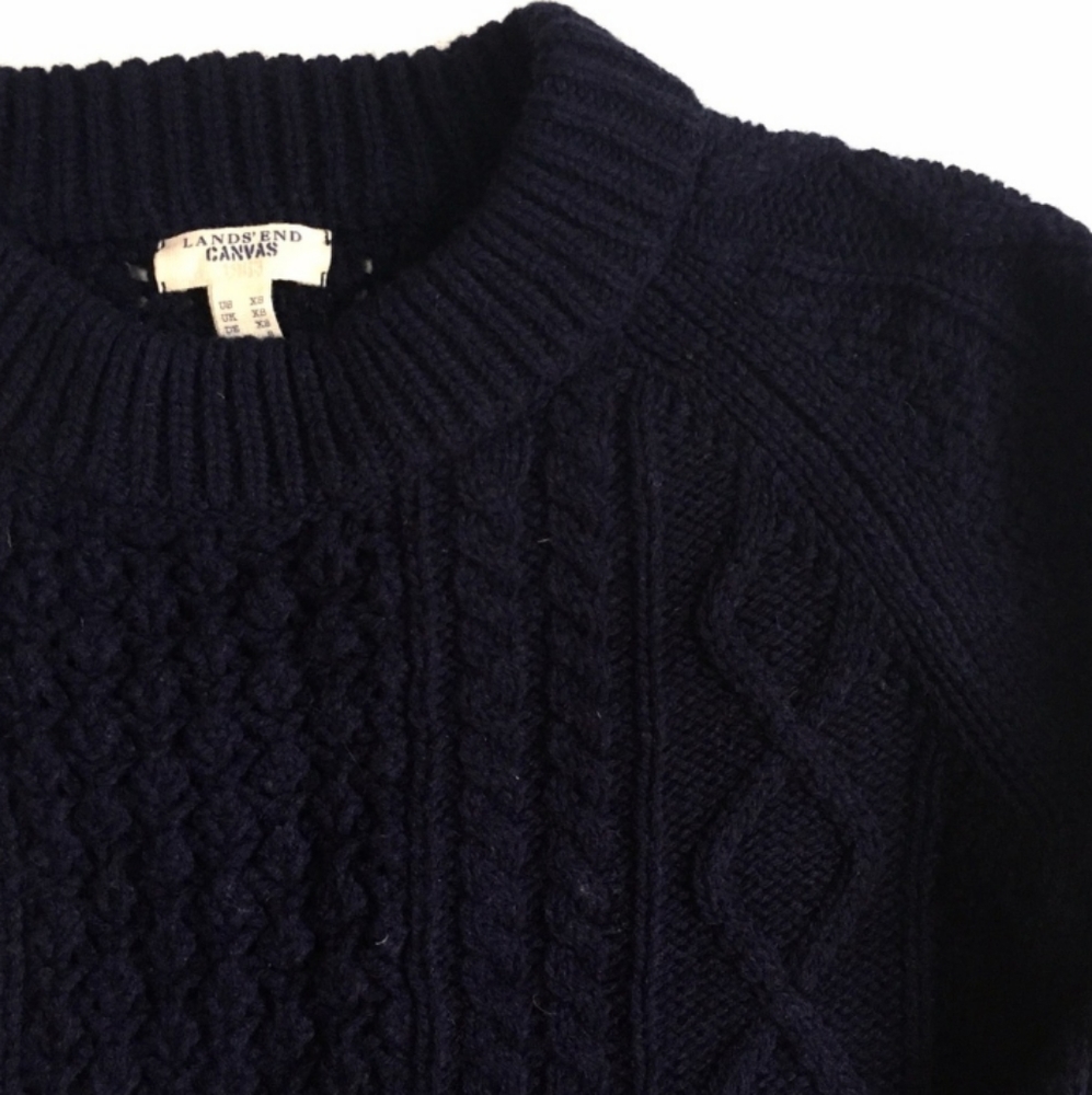 Lands' End Canvas Navy Crop Wool Fisherman Sweater